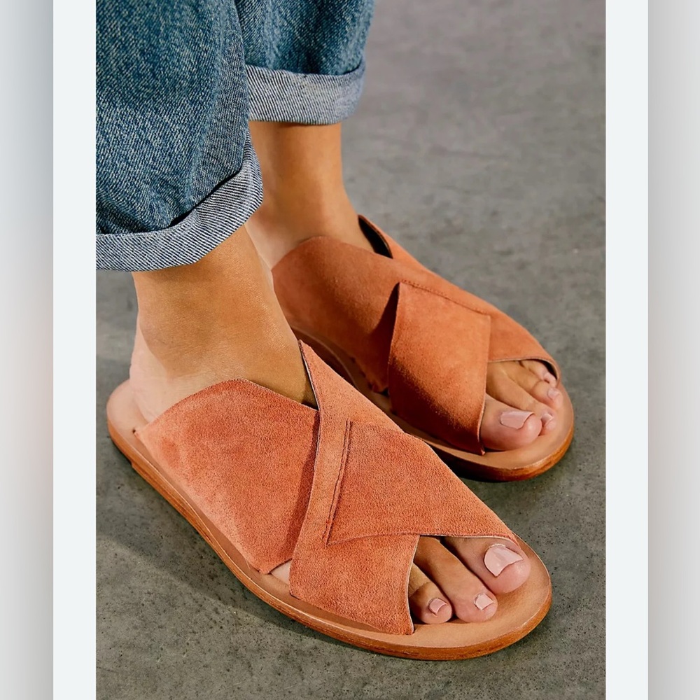 Free People Emelia Slip-On Sandals Suede Cross Strap Sandals - Tan Size EU38 US8